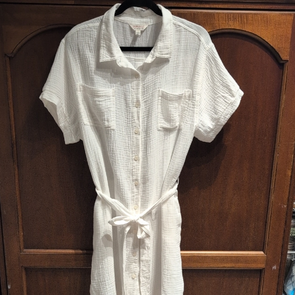 White Textured Gauze Cotton Button-Front Midi Dress